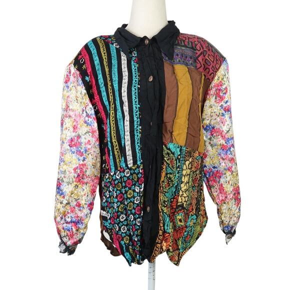 Vintage 90s Karea Mixed Print Patchwork Button-Down Blouse Top L - Picture 1 of 5